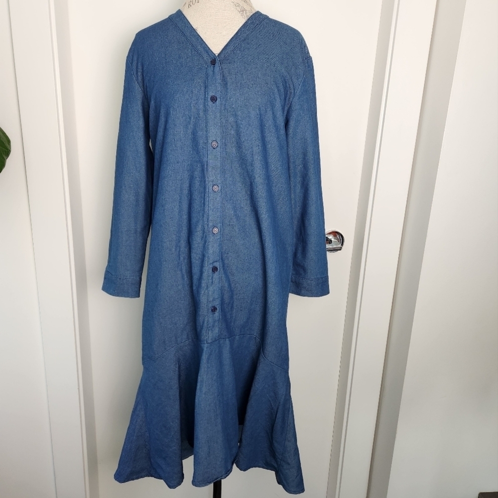 Cotton Denim Long Sleeve Midi Dress